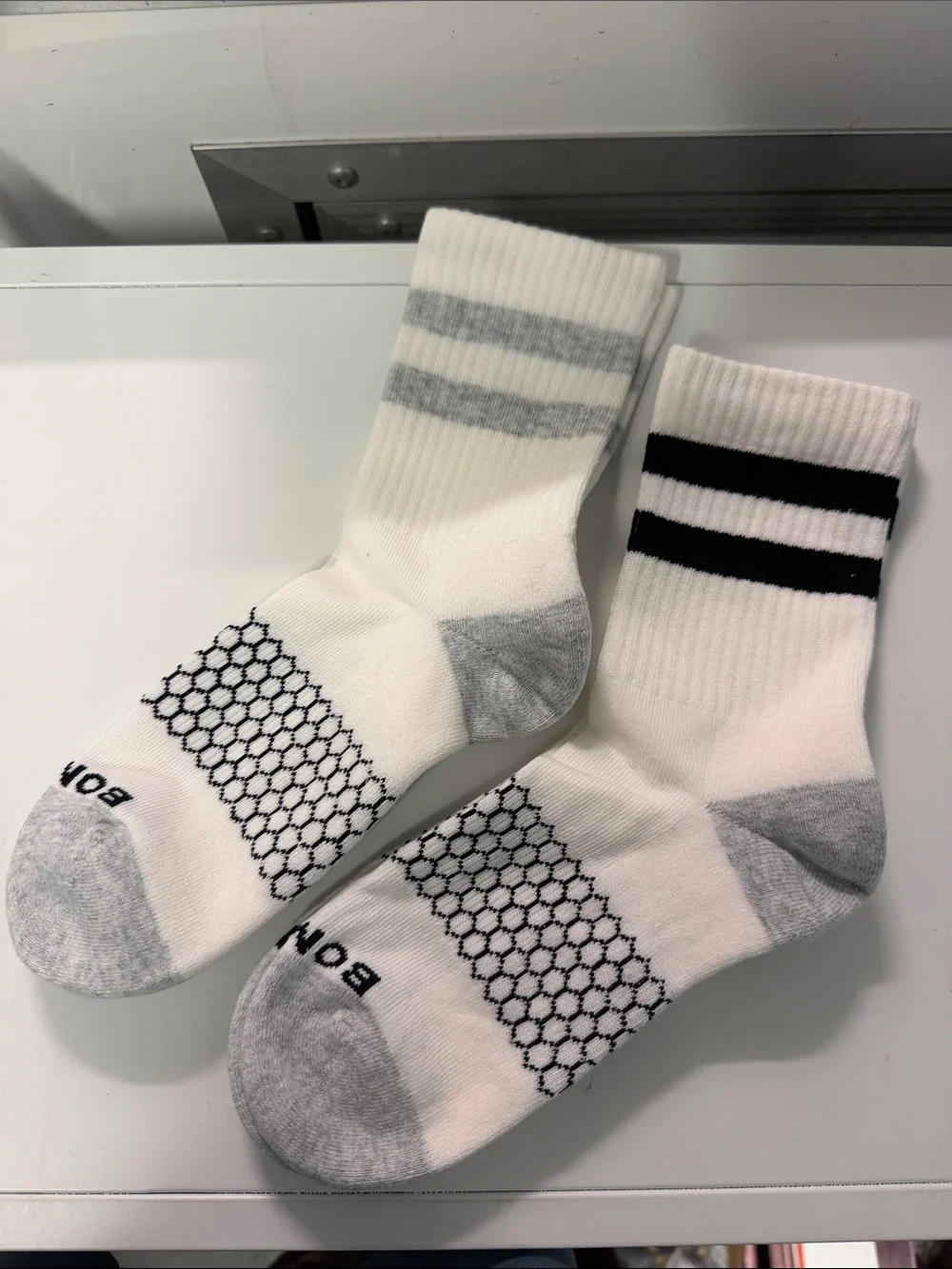 Bombas White Athletic Crew Socks with Gray and Black Accents